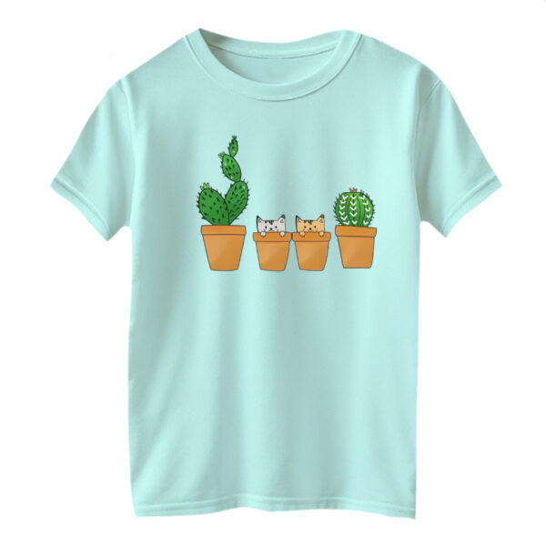 تی شرت آستین کوتاه بچگانه مدل کاکتوس و گربه رنگ آبی روشن