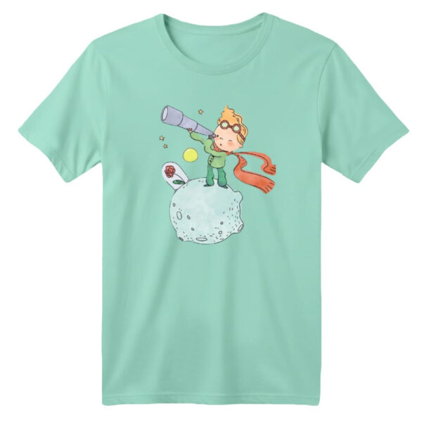 تی شرت آستین کوتاه بچگانه مدل شازده کوچولو و تلسکوپ رنگ سبز روشن