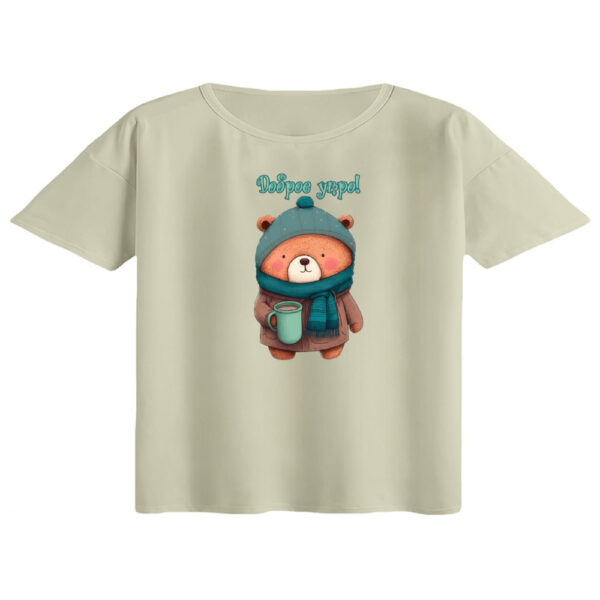 کراپ تی‌شرت آستین کوتاه زنانه مدل خرس و شال گردن رنگ کرم