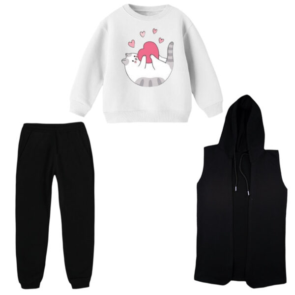 ست 3 تکه لباس راحتی بچگانه مدل گربه و قلب